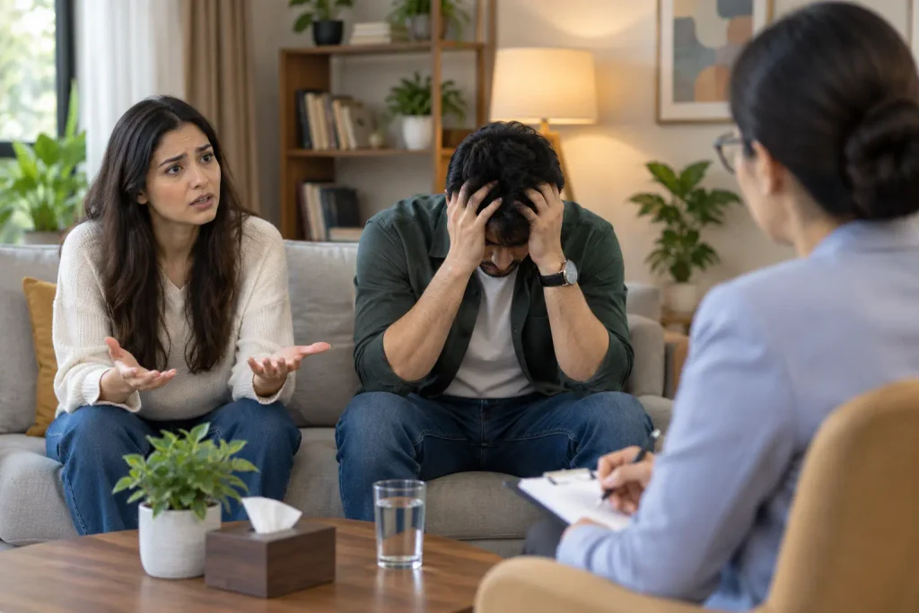 Couple rebuilding trust in a counseling room