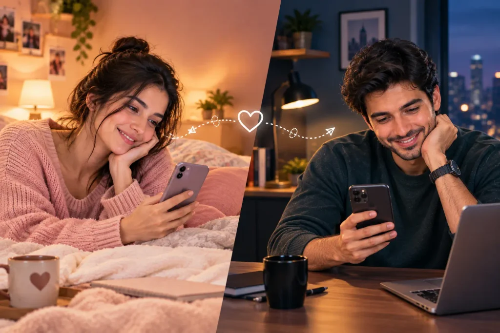 Person video calling a partner from home