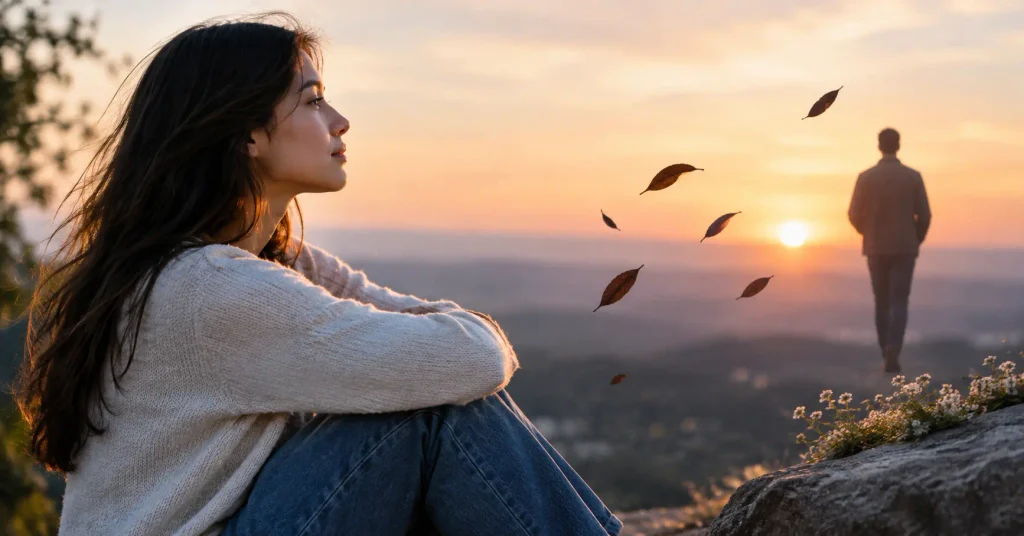 Person standing alone looking out a window