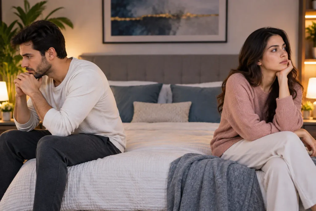 Partners talking quietly side by side at home