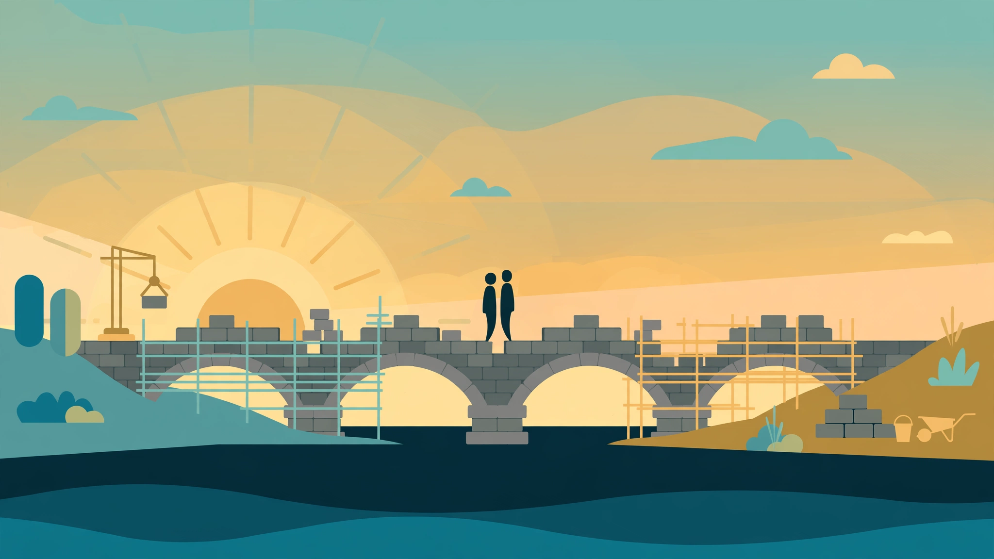Stone bridge being built between two people — rebuilding intimacy after infidelity step by step