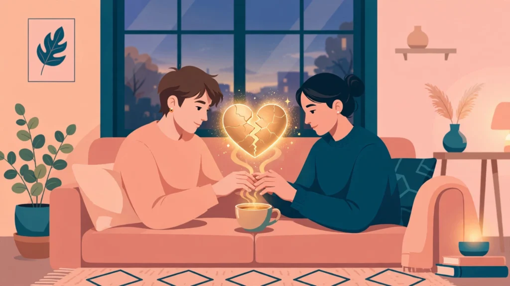 Couple learning how to reconnect after a fight in their warm living room
