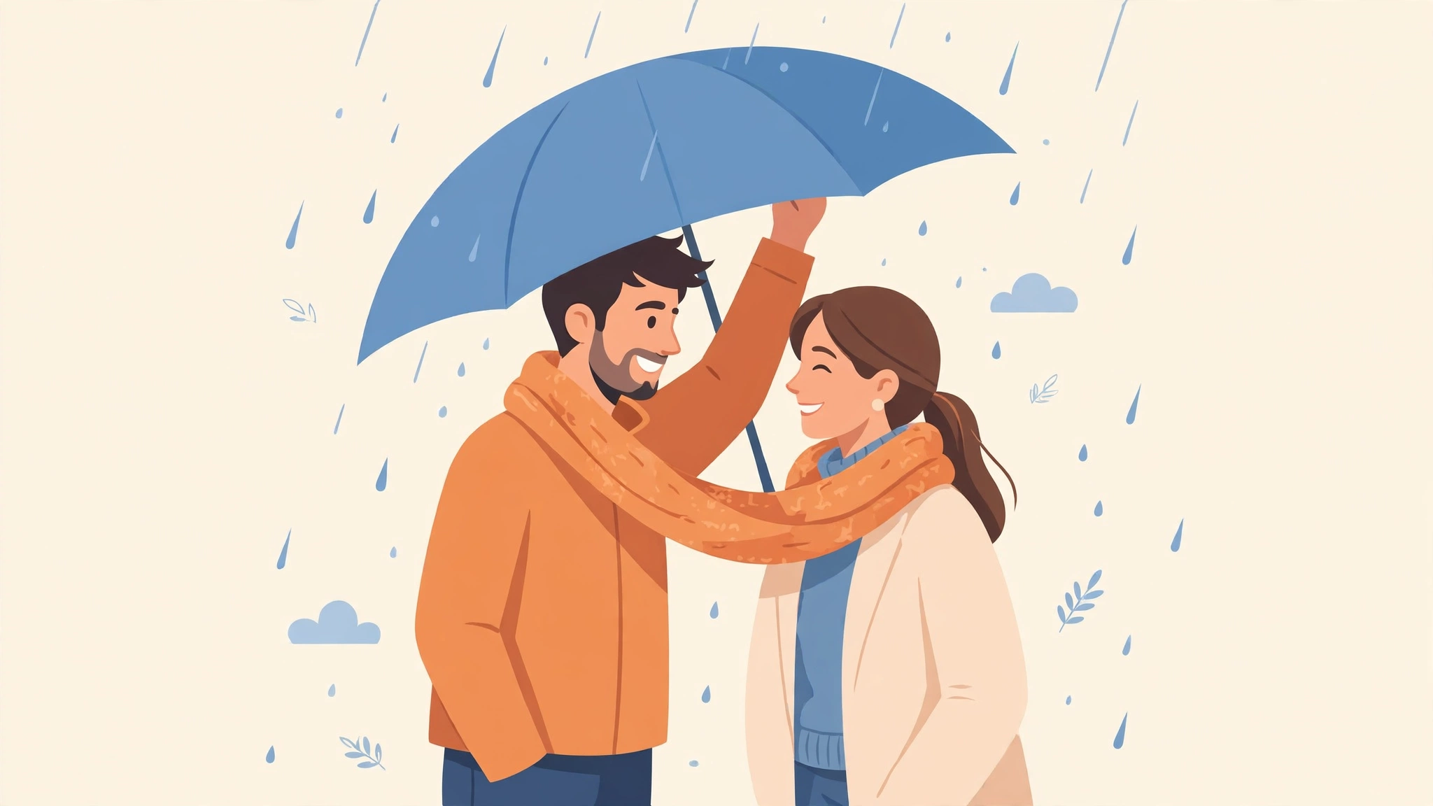 Man protecting his partner in the rain showing signs he loves you
