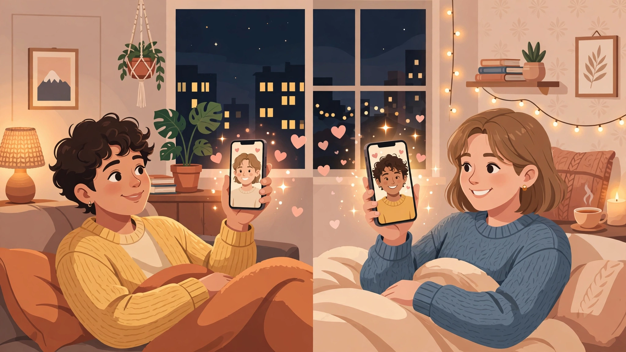 Long-distance couple on a video call asking weekly relationship check in questions