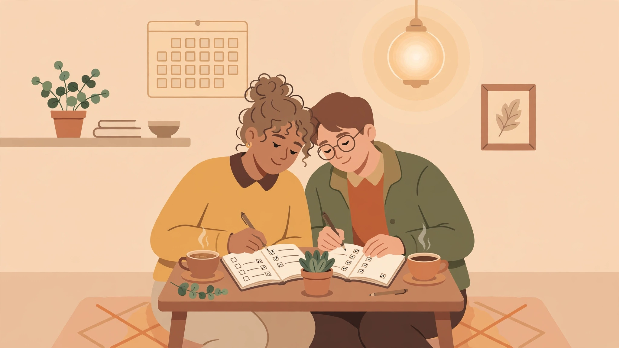 Couple journaling together with relationship check in questions checklist and coffee