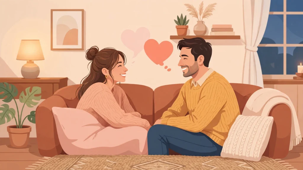 Couple sitting together asking relationship check in questions during a warm weekly conversation