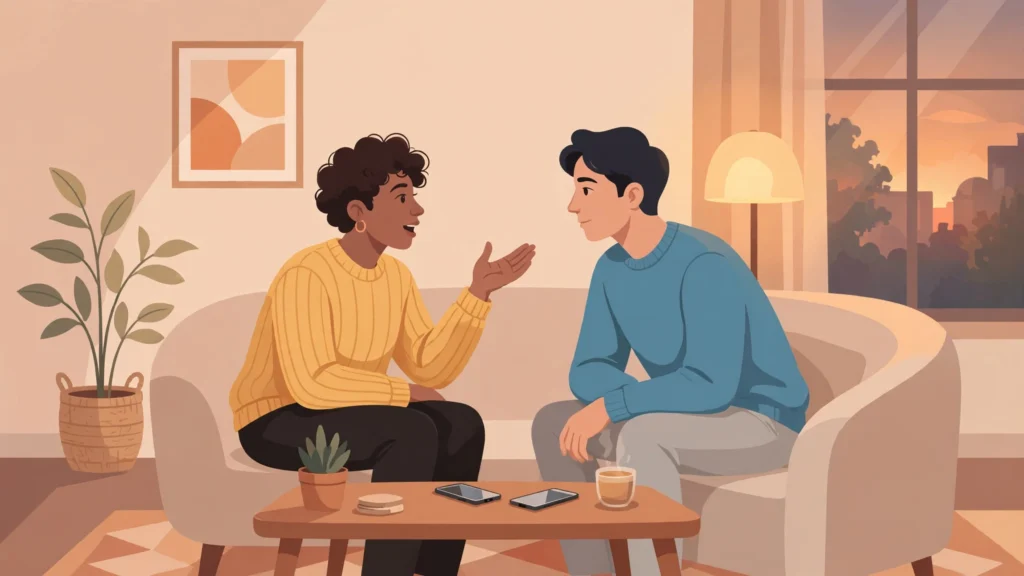 Couple practicing active listening in relationships on a cozy sofa