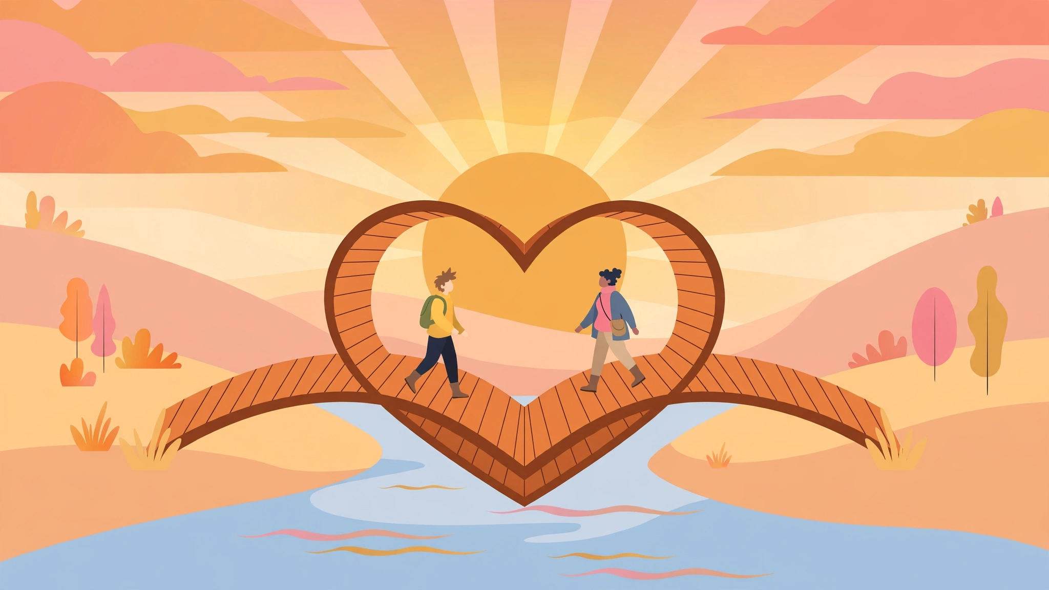 Heart-shaped bridge at sunrise symbolizing the journey toward secure love