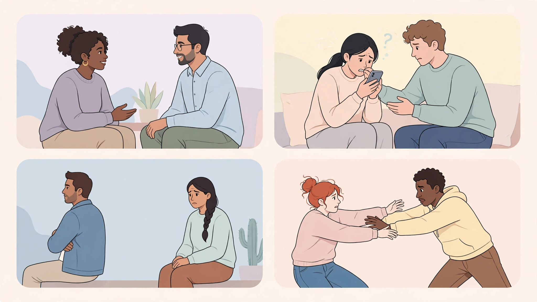 Four couples showing the four attachment styles in relationships: secure, anxious, avoidant and fearful-avoidant dynamics