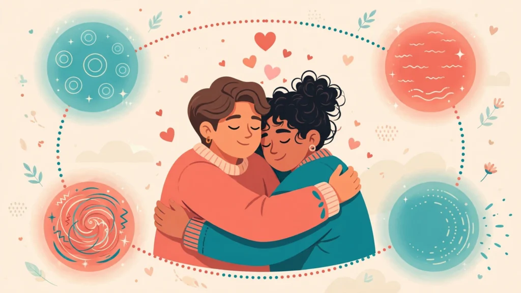 Couple embracing with the four attachment styles in relationships shown as glowing orbs