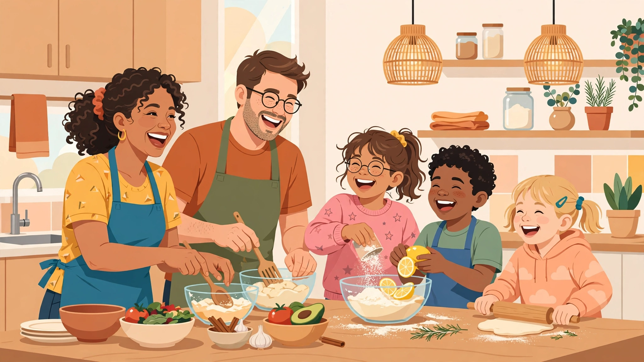 Blended family creating a new cooking tradition together in the kitchen