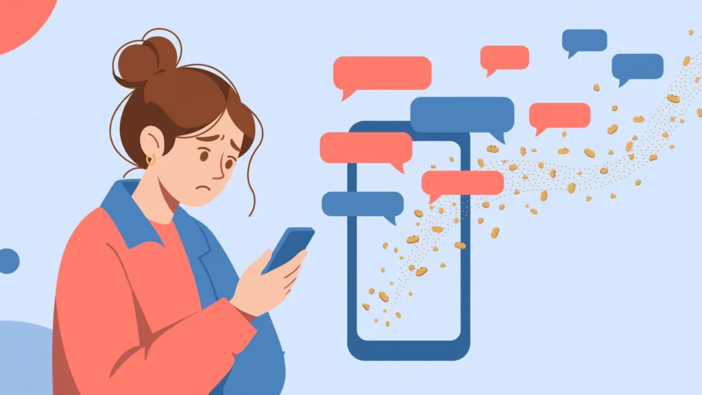 Woman looking uncertain at phone messages during breadcrumbing in dating