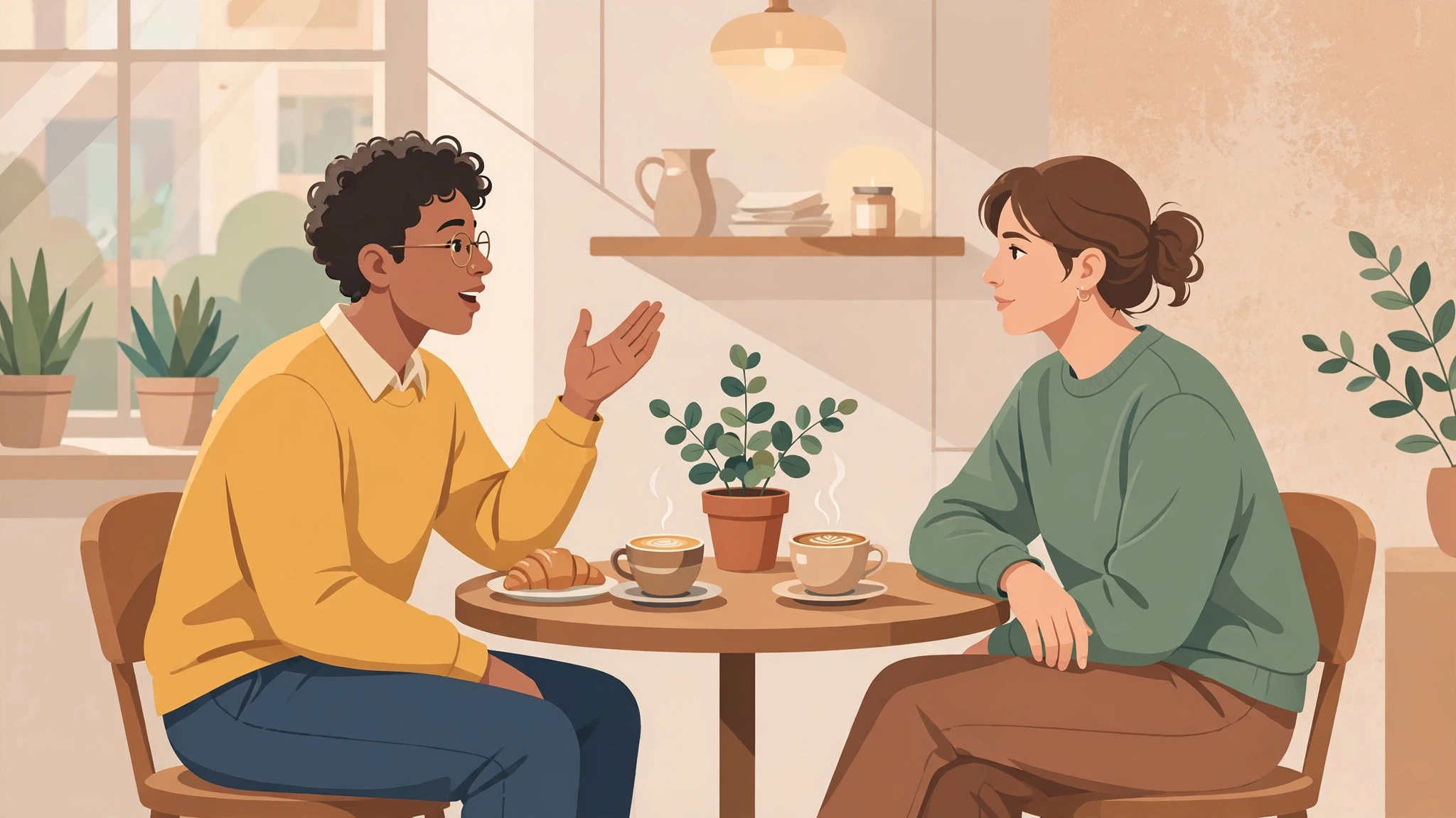 Couple practicing how to bring up difficult topics during a calm cafe conversation