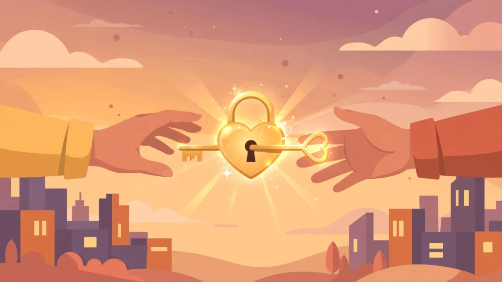 A couple building trust across the distance, symbolized by a glowing heart-shaped lock and key between two city skylines