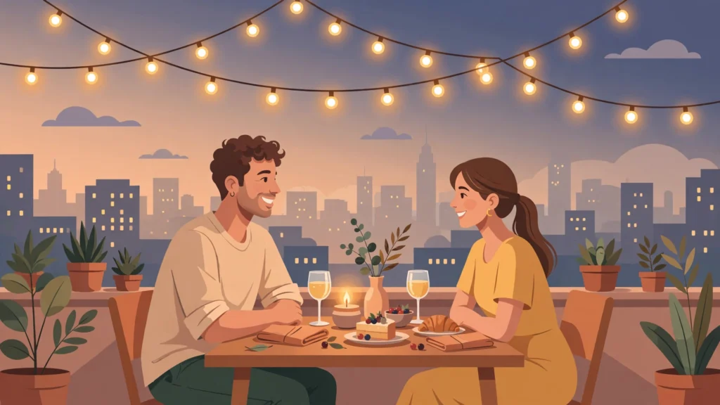 Couple enjoying date night ideas for couples — cozy rooftop dinner under string lights