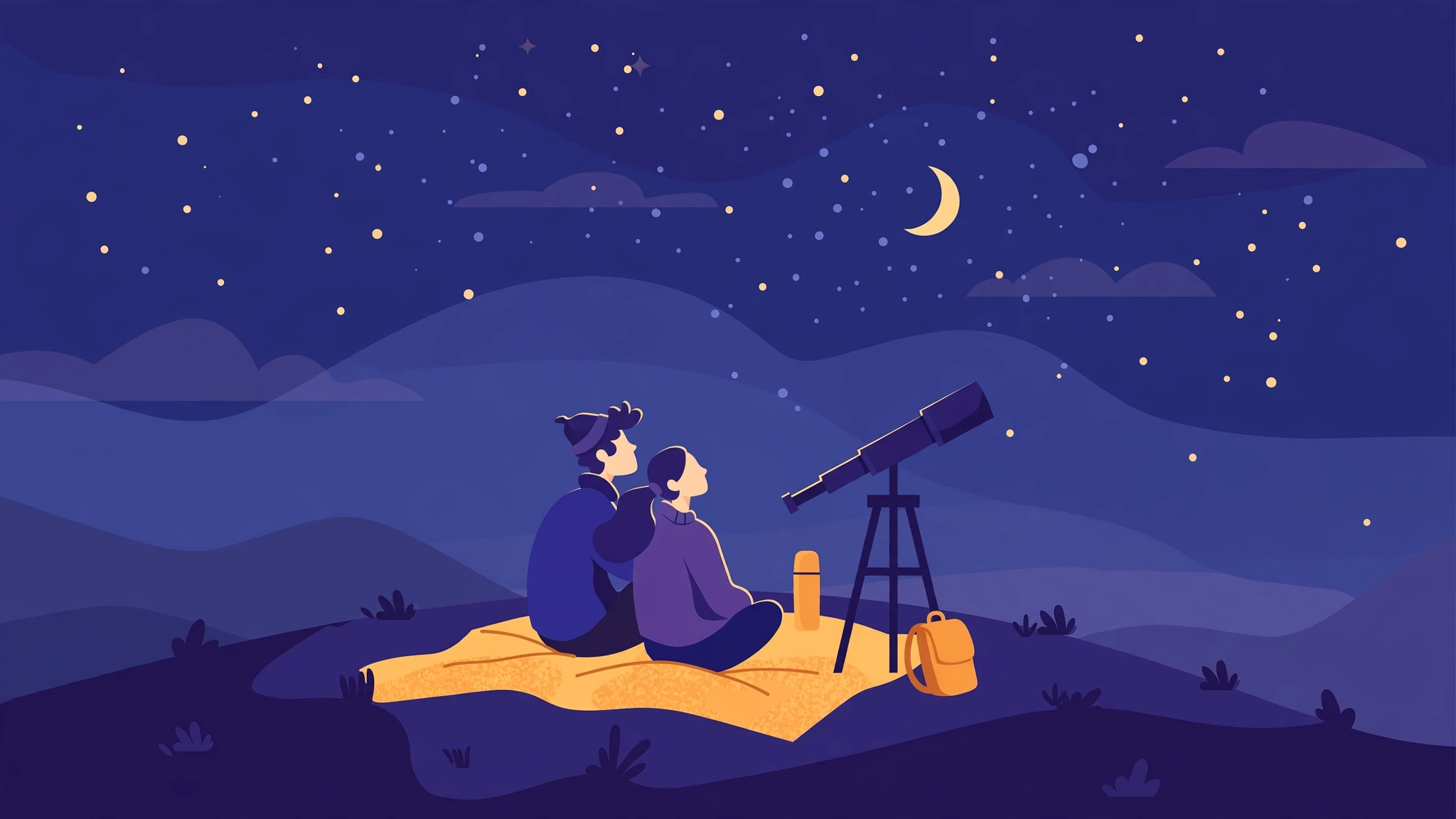Adventurous date night ideas for couples — couple stargazing under a night sky