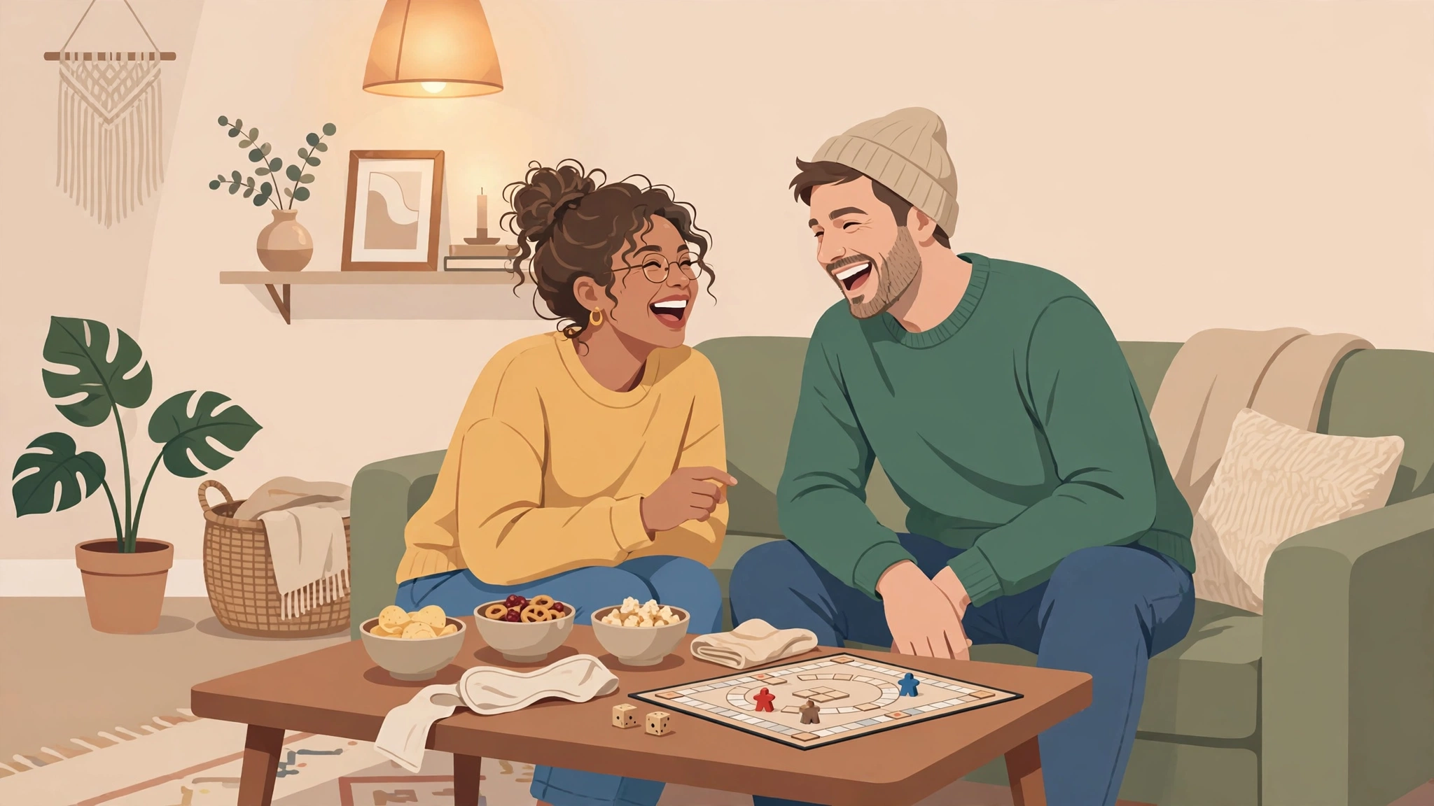 At-home date night ideas for couples — blind taste test and board games on a coffee table