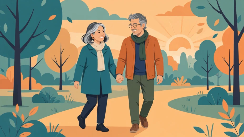 Smiling couple in their 50s walking hand in hand on a sunset park path — dating after 50 tips