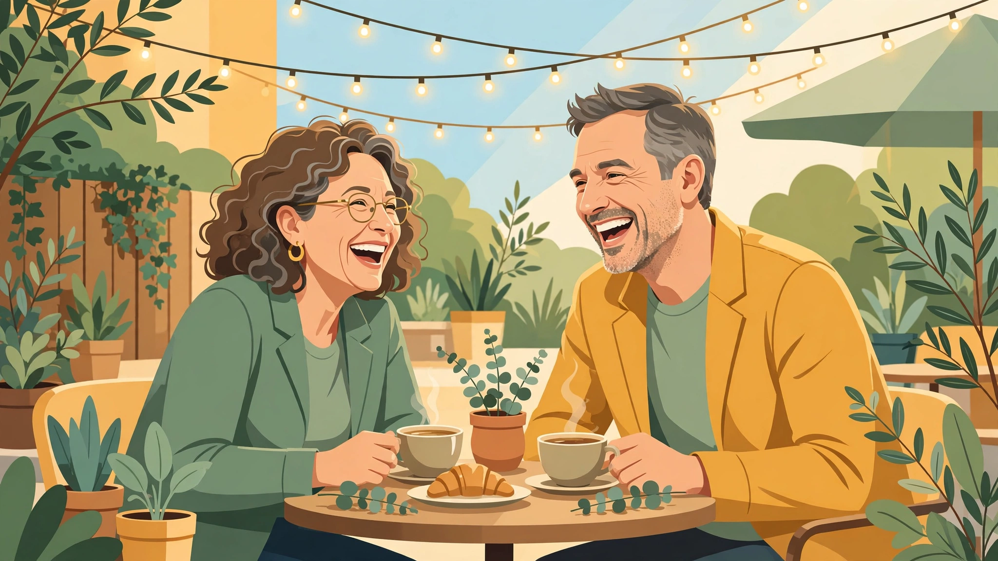 Mature couple laughing together over coffee at a sunny outdoor cafe