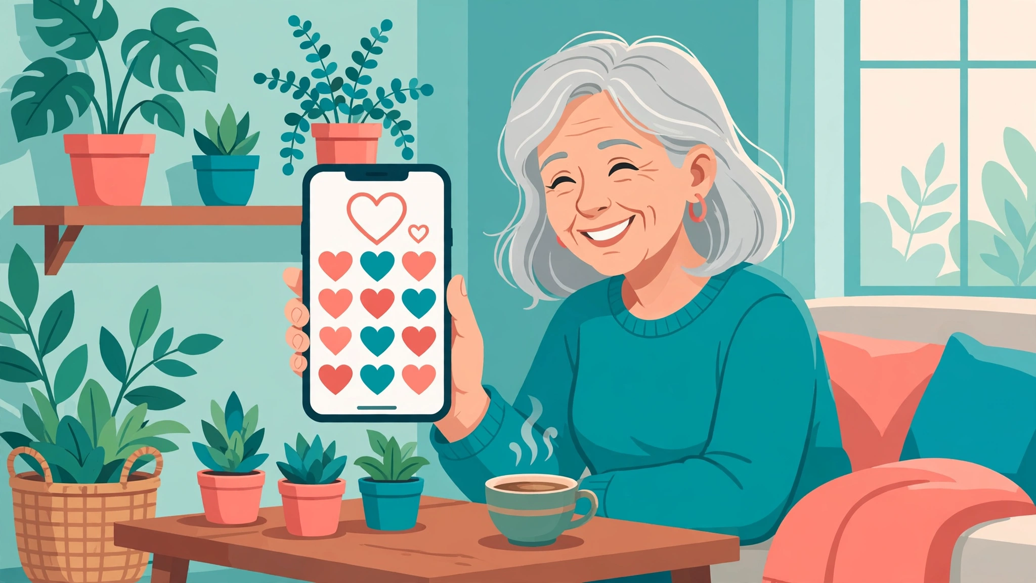 Woman in her 50s smiling while checking a dating app on her phone at home