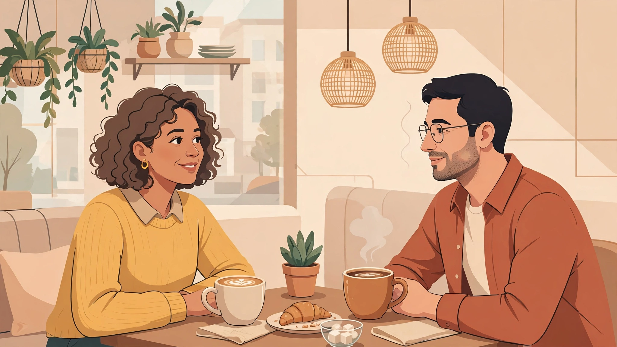 Two adults enjoying a relaxed low-pressure coffee date