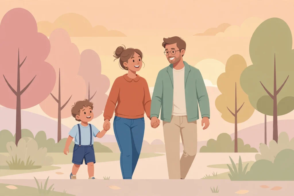 Dating as a single parent tips illustrated: a single mom walking happily with her child and her new partner in a sunny park