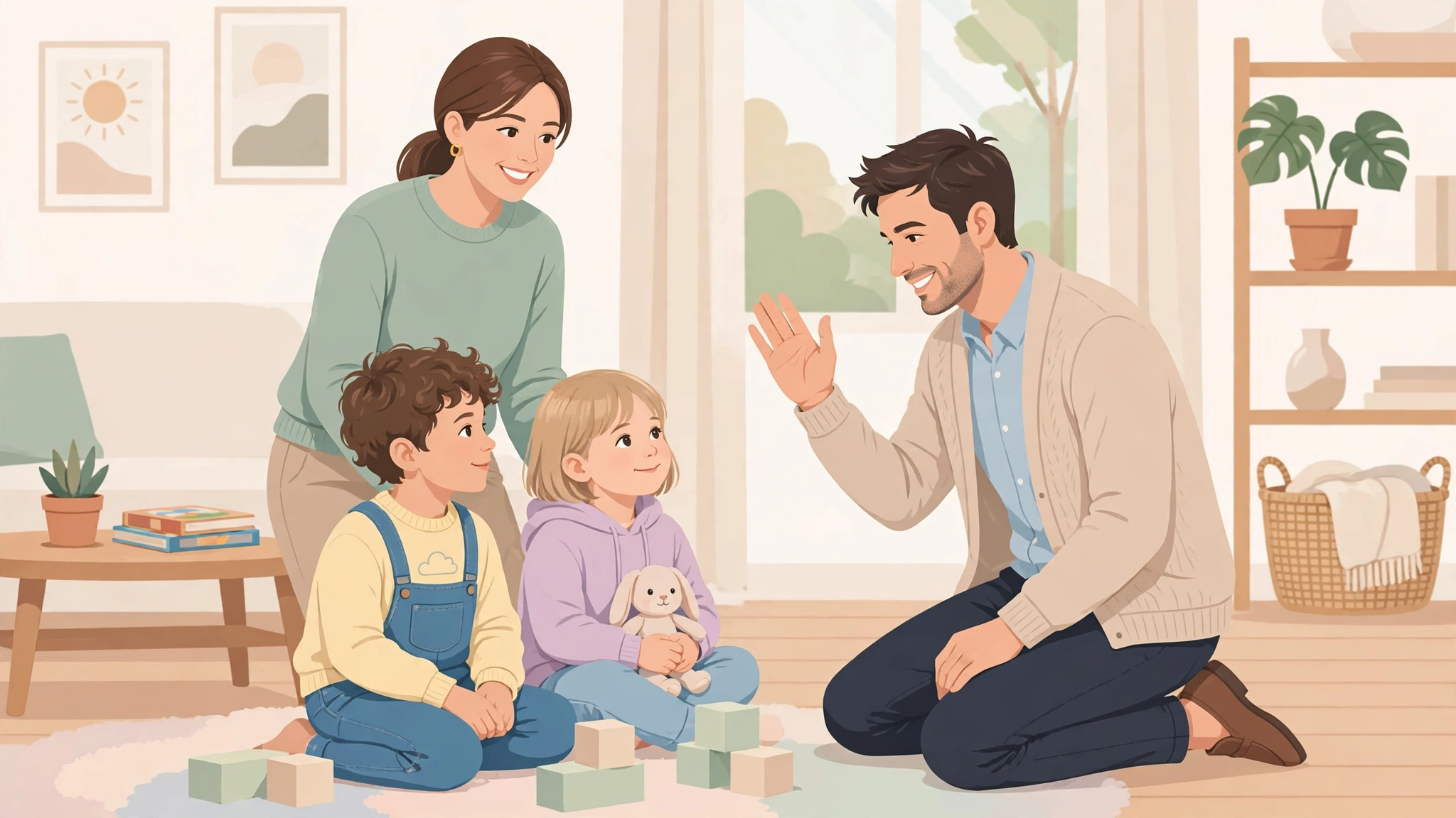 A mother's new partner warmly meeting her two children for the first time in a bright living room