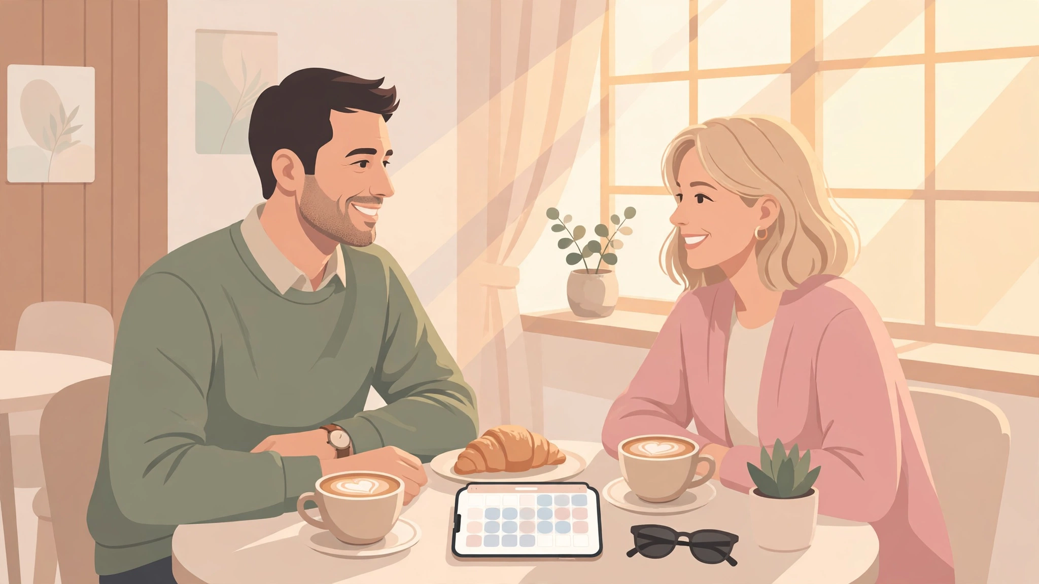 A single dad on a cozy coffee date with his calendar nearby — one of the dating as a single parent tips is planning dates smartly