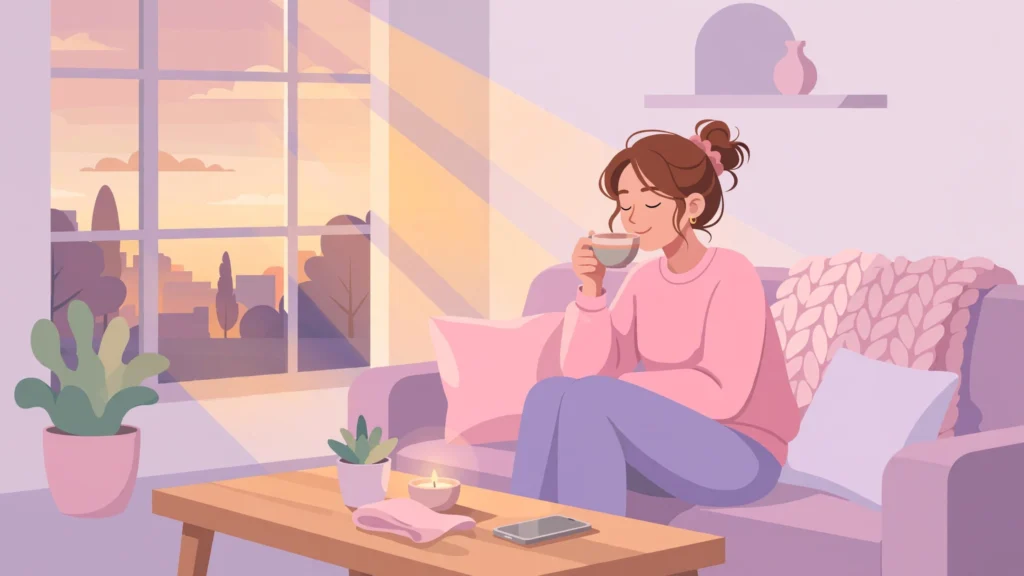 Dating burnout signs — woman resting with phone face down, taking a calm break from dating