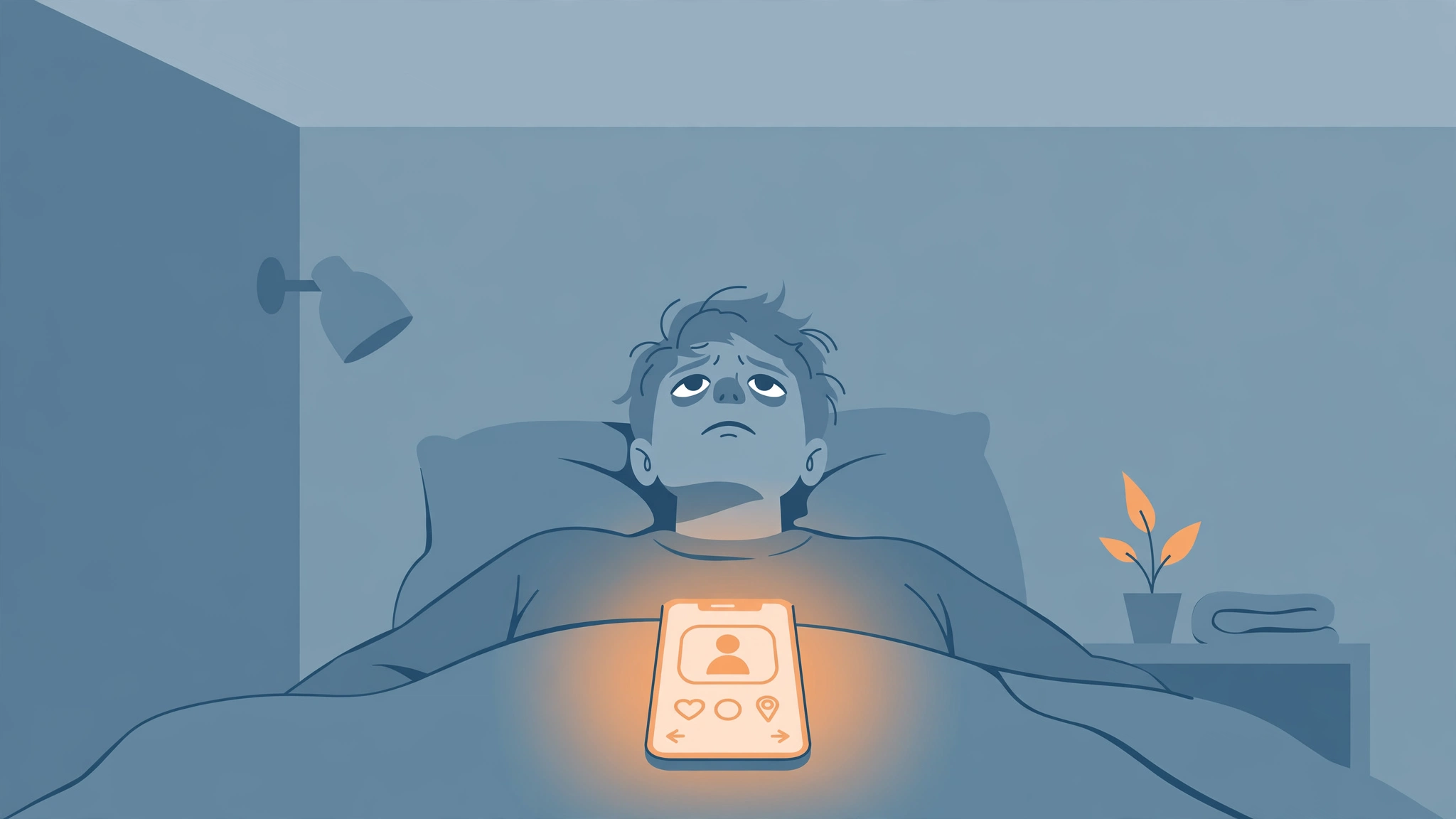 Dating burnout signs — exhausted person staring at ceiling with glowing dating app on phone