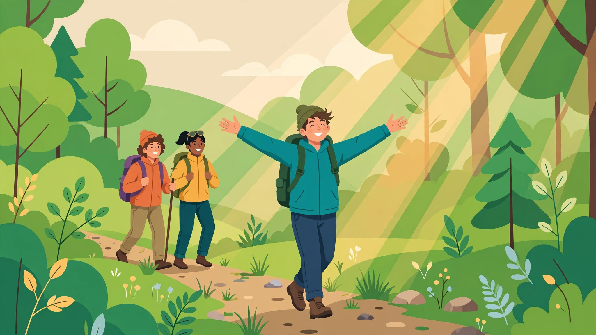 Recovering from dating burnout — person hiking outdoors with friends, feeling renewed