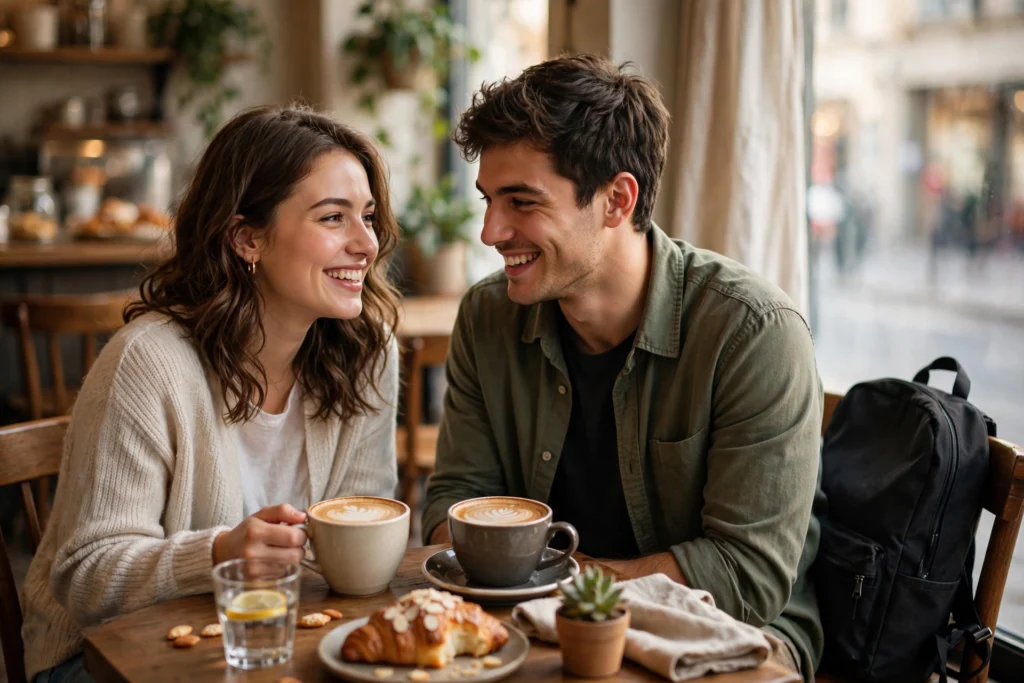 Couple enjoying coffee together while dating someone with a busy schedule