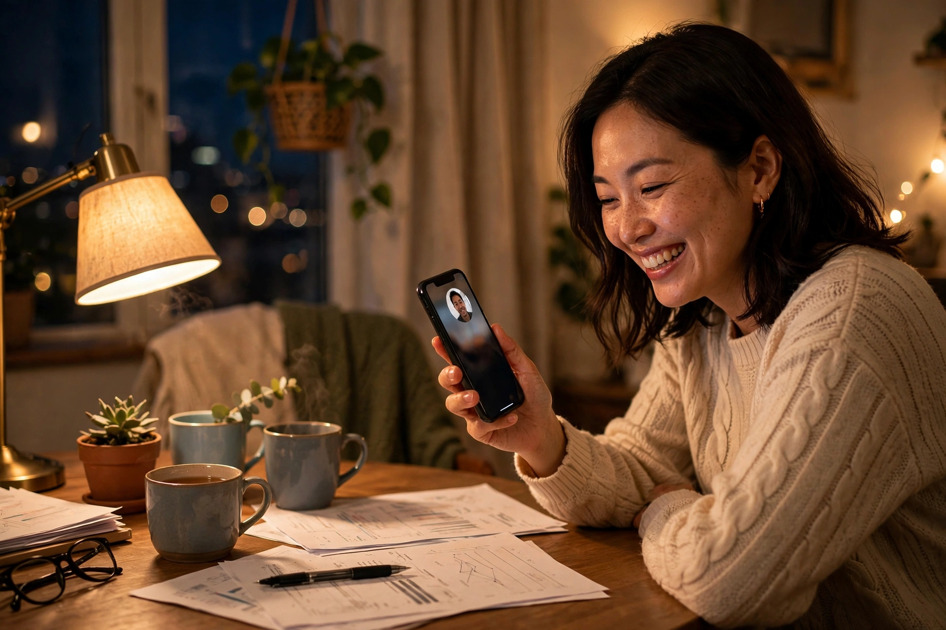 Woman smiling on a nighttime video call staying connected between dates
