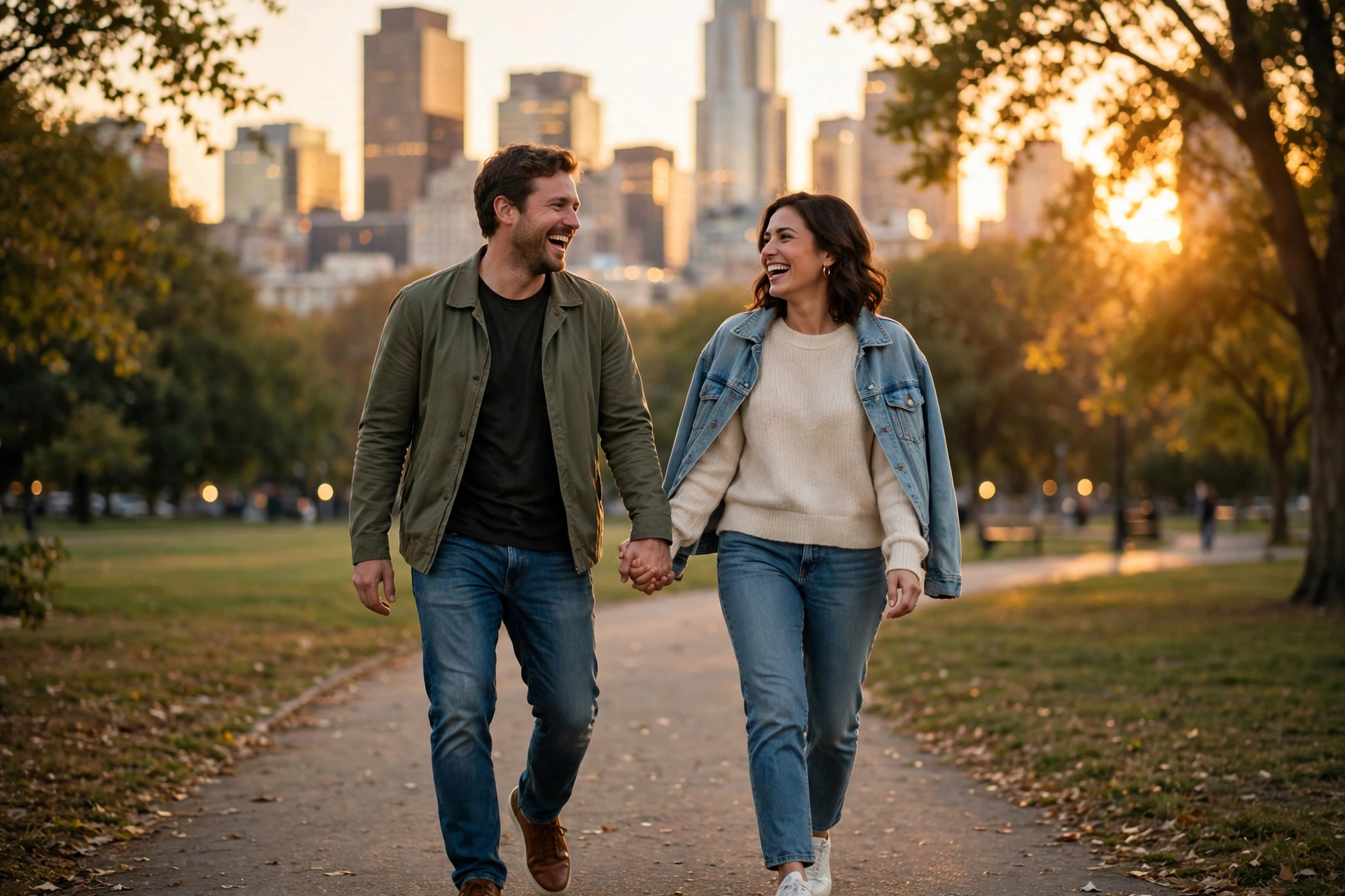 Happy couple walking hand in hand in a park at golden hour