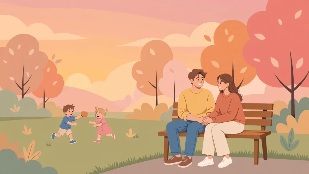 Dating someone with kids — flat vector illustration of a couple with children at a park