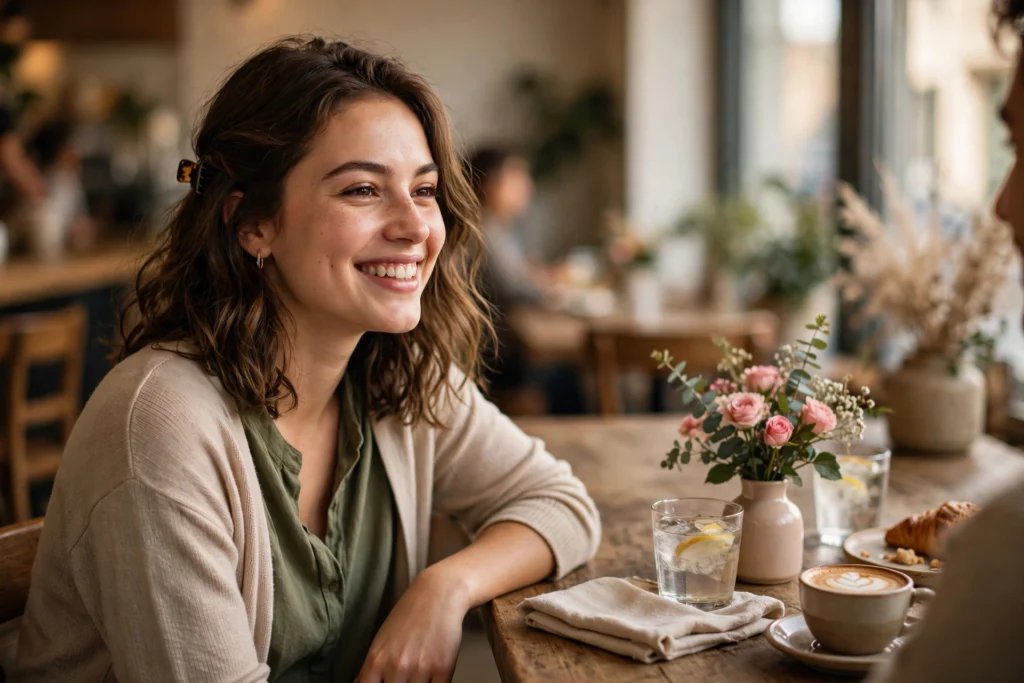 Confident woman smiling on a date — dating with low self esteem guide