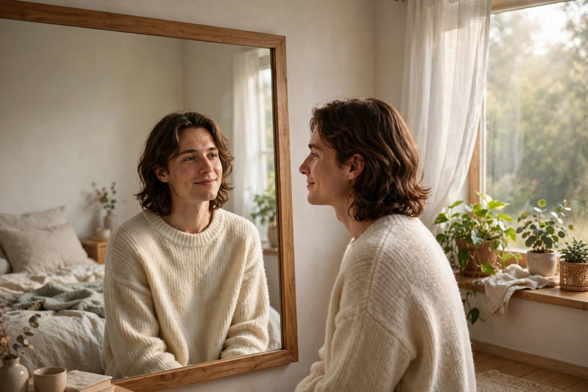 Person looking in a mirror with a hopeful expression in soft morning light
