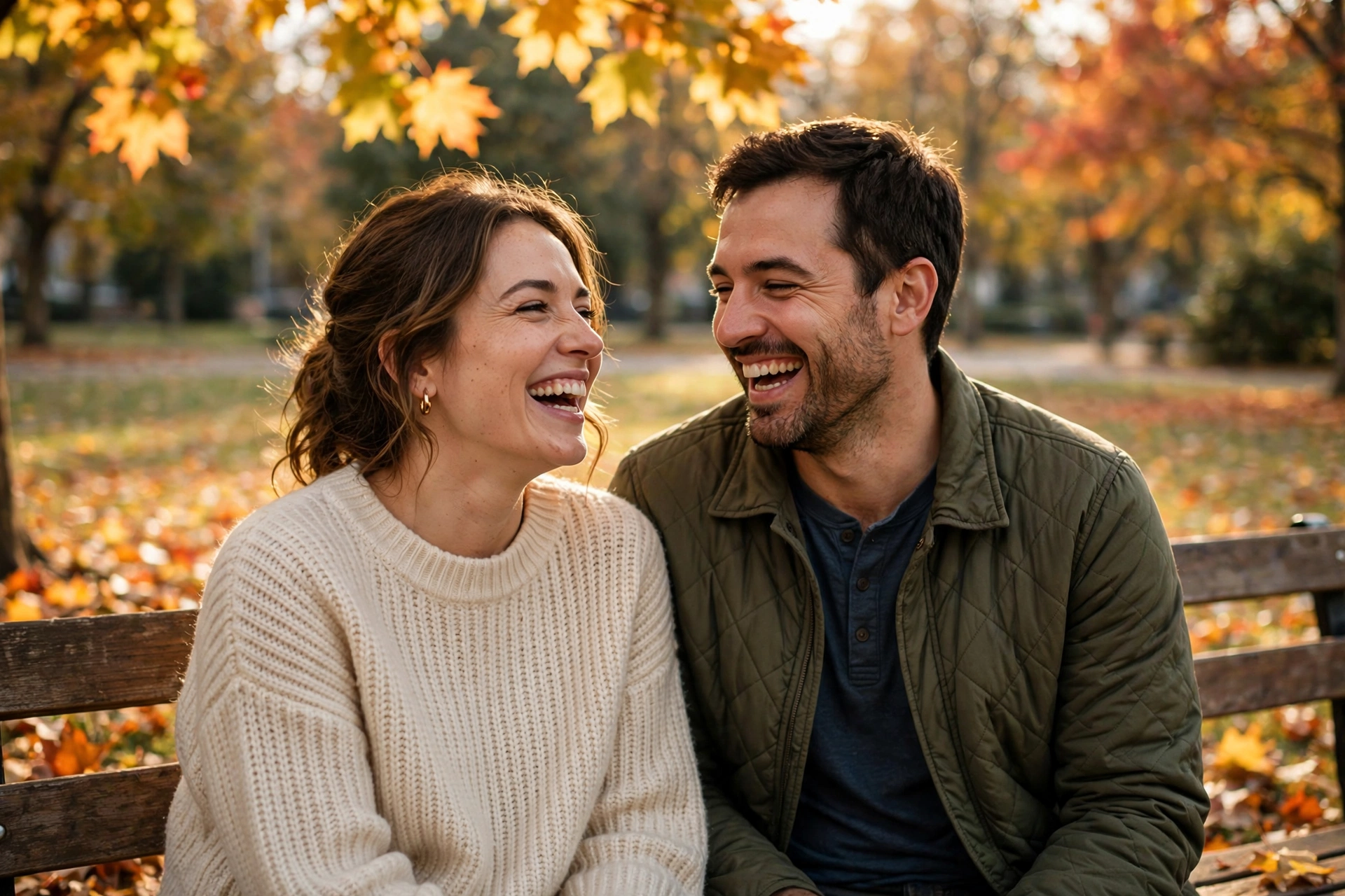 Happy couple laughing together on a park bench
