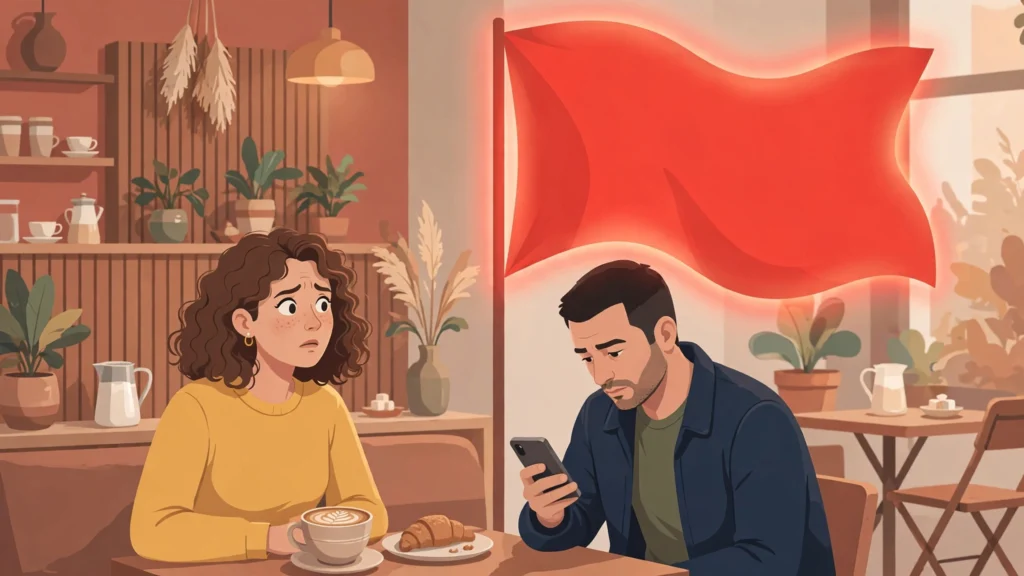 Early red flags when dating — woman noticing a glowing red flag on a coffee date