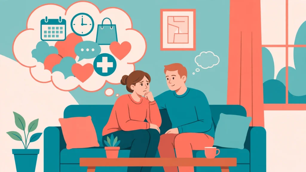 Couple on a couch where one partner carries the invisible mental load of emotional labor in relationships
