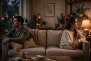 Couple sitting apart on a couch, illustrating emotional neglect in marriage