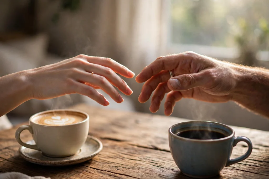 Couple holding hands across a table, rebuilding emotional connection