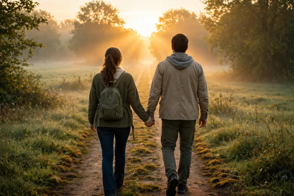 Couple walking together at sunrise, a hopeful fresh start after emotional distance