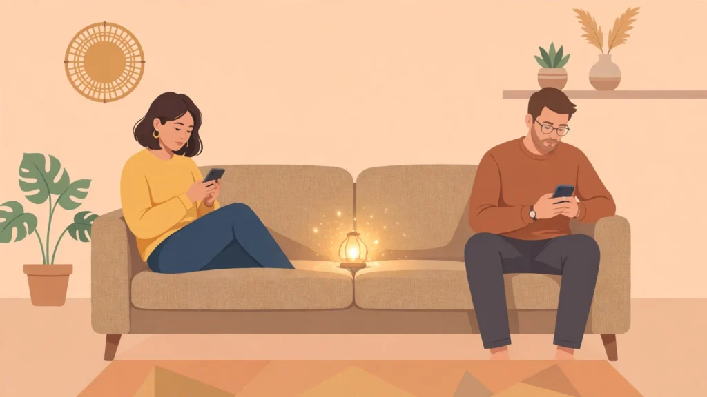 Feeling lonely in marriage — couple distant on a couch with a warm light of hope between them