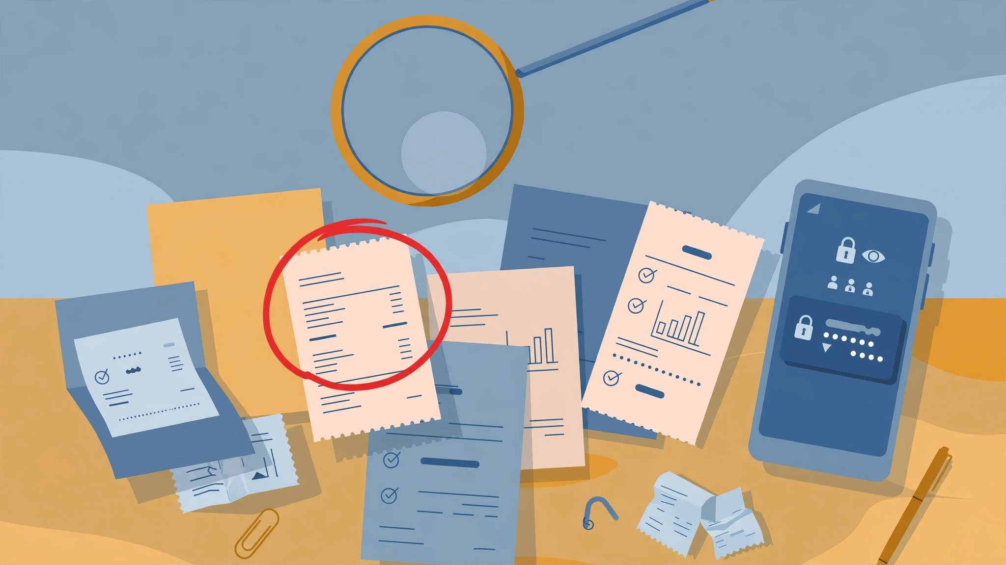 Magnifying glass revealing financial infidelity signs in bank statements