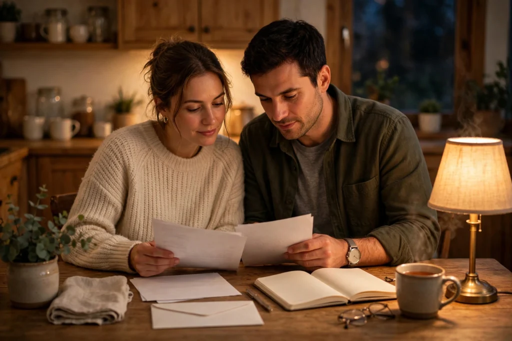 financial stress in marriage — couple calmly reviewing household budget together at the kitchen table