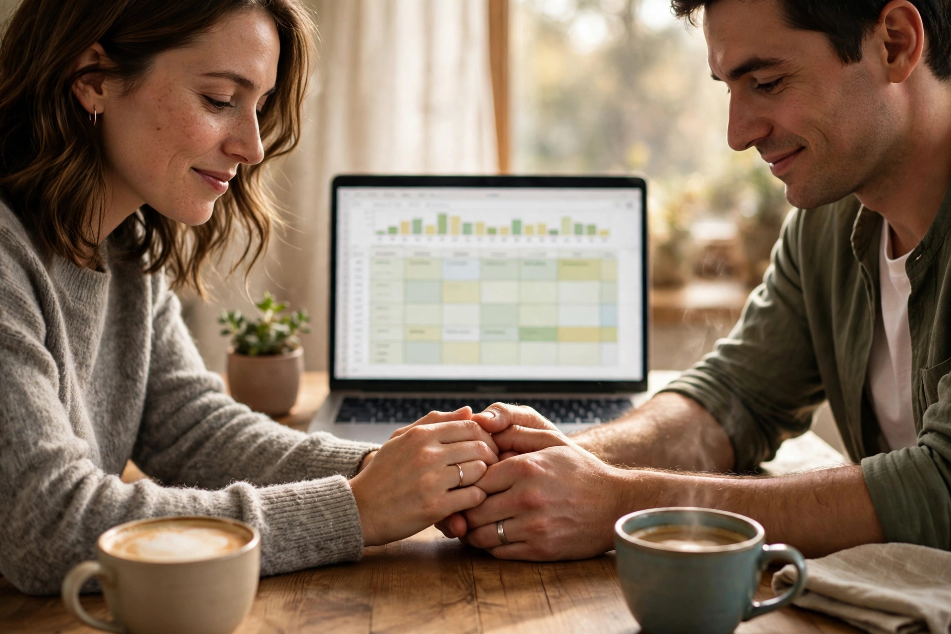 couple holding hands over a budget spreadsheet during a money date