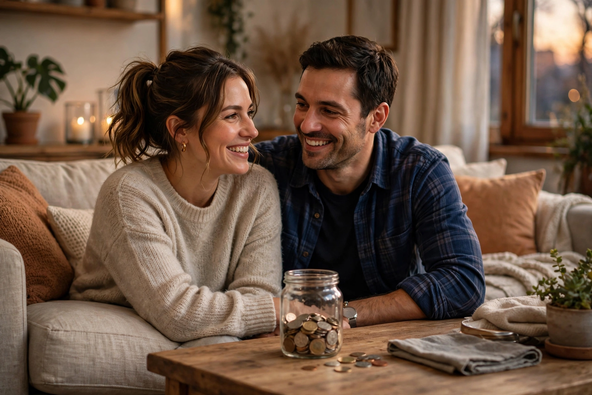 happy couple with a savings jar after easing financial stress in marriage