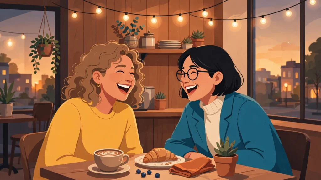 First date conversation starters — couple having a lively first date conversation at a restaurant