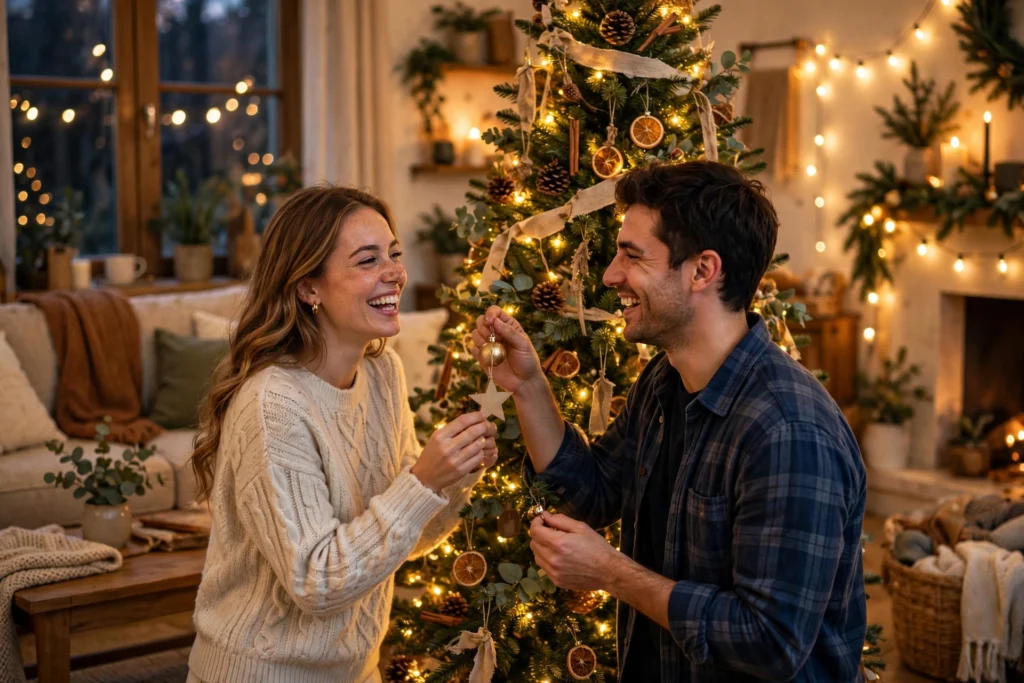 Happy couple decorating a Christmas tree together while handling holiday stress as a couple